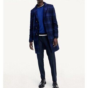 Tommy Hilfiger Tailored Blue Plaid Check Wool Overcoat size 56